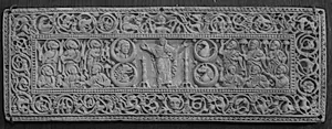Side af skrin. Marias himmelfart, evangelistsymboler, de tolv apostle by Ubekendt