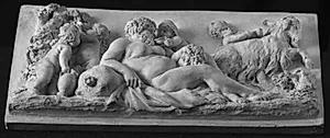 Silen liggende omgivet af fire putti, th. en ged by Ubekendt