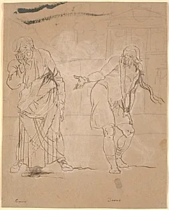 Simo og Davus. Studie til Pigen fra Andros. [Jordemoderen forlader Androspigens hus] by Nicolai Abildgaard