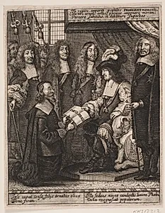 Simon Paulli overrækker Frederik III en bog. Illustration til Simon Paulli, "Quadripartitum Botanicum", 1667 by Albert Haelwegh