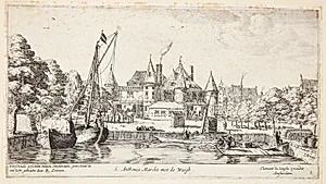 Sint Antoniesmarkt med vejerboden. Titelblad til "Udsigter i Amsterdam" by Reinier Zeeman