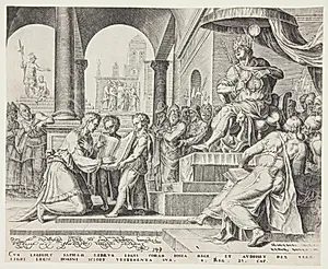 Sjafran læser op af Lovbogen for kong Josias by Philips Galle
