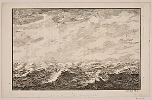 Skibe i oprørt sø. Illustration til Fontenay, "Söe-Evolution"; København 1743