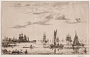 Skibe og både i stille vejr ved kysten by Anton Melbye