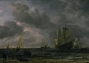 Skibe ved den hollandske kyst by Hendrick Jacobsz Dubbels