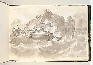 Skibsforlis ved en klippekyst. Nogle mænd står på en klippe og ser til by J.C. Dahl