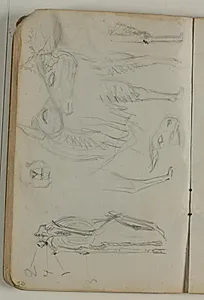 Skitse af dyreskelet og lama-hoveder og -ben by Niels Larsen Stevns