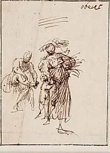 Skitse af en gående kvinde med et barn ved sin side, i baggrunden en siddende figur by Francesco Allegrini