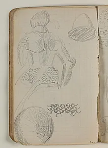 Skitse af en rustning, hjelm, skjold(?) og del af en ringbrynje by Niels Larsen Stevns