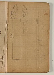 Skitse af figurer, fugle og rektangel med målangivelser by Niels Larsen Stevns