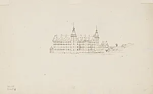 Skitse af Frederiksborg slot set fra søen, audienshuset t.h. by P.C. Skovgaard