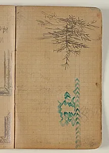 Skitse af grantræ og ornamentstudie med farveangivelser by Niels Larsen Stevns