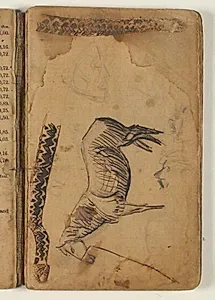 Skitse af hest, slanger og ansigter by Niels Larsen Stevns