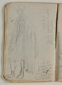 Skitse af kappeklædt figur. Efter forlæg. Notat by Niels Larsen Stevns