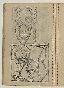 Skitse af maske, formentlig efter forlæg. Udkast til Poul S. Christiansens gravmæle by Niels Larsen Stevns