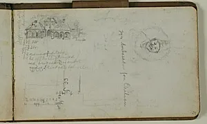 Skitse af Norgesporten i Kastellet, grundrids, og klovnehoved i cirkel by Niels Larsen Stevns
