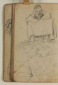 Skitse af siddende figur, en hånd gennem en ring, samt ornamentik med farveangivelser by Niels Larsen Stevns