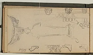 Skitse af statue. Studier af ornamenter og rammeprofiler by Niels Larsen Stevns