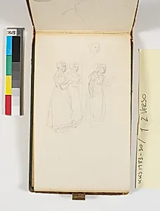 Skitse af tre stående kvinder og rids af en af kvinderne by P.C. Skovgaard