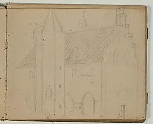 Skitse af uidentificeret herregård. Notat by Niels Larsen Stevns