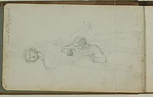 Skitse efter A.V. Saabyes skulptur "David efter Slyngekastet". Desuden skitse af skrivende kvinde by Niels Larsen Stevns