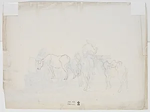 Skitse med æselrytter, et æsel og en ko by Martinus Rørbye