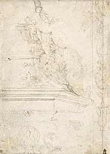 Skitse til del af skorsten og detaljer af groteske ornamenter, putti og kranse by Ubekendt