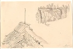 Skitseblad med del af den gamle Sèvresbro og parken i St. Cloud by J.P. Møller