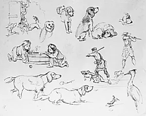 Skitseblad med studier af hunde og jægere, legende børn, fugle by Alexandre Gabriel Decamps