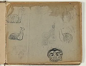 Skitser af lamaer, kattehoved og ornamentik by Niels Larsen Stevns