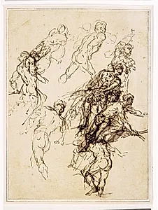 Skitser af mandlige figurer i bevægelse mod højre by Salvator Rosa