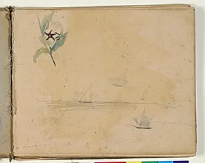 Skitser af sejlbåde i havet. Plantestudie og notat by Niels Larsen Stevns