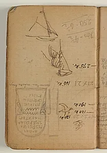 Skitser af sejlbåde og fugle, frontal- og profilskitse af gravsten. Pris- og målangivelser, der hører til side 89 by Niels Larsen Stevns