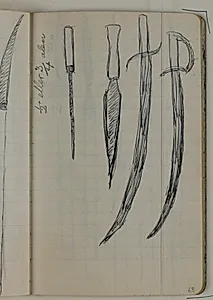 Skitser af sværd, langknive, pallasker, samt angivelser af mål by Niels Larsen Stevns