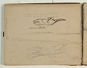 Skitser af tiger. Notat. Herunder landskabsskitse by Niels Larsen Stevns