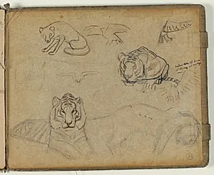 Skitser af tiger, ræv og fugl. Notat by Niels Larsen Stevns