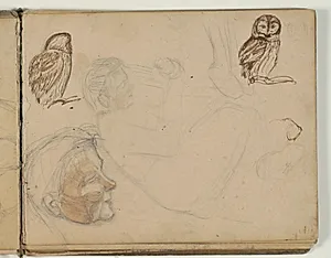 Skitser af ugle, kvindeansigt og knælende kvinde by Niels Larsen Stevns