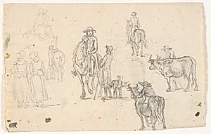 Skitser med bønder, heste og køer by C.A. Lorentzen