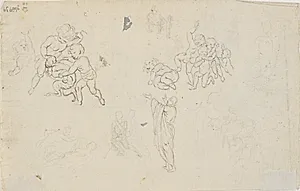 Skitser med legende drenge (engle og en djævel?) samt en stående figur med udbredte arme by C.A. Lorentzen