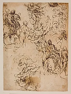Skitser til Kristus svævende i luften, ryttere, et siddende par og blomsterornamentik by Jacopo Palma (il Giovane)