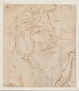 Skitser til Nessus (Herkules og kentauren Nessus). Skitse til stående, sidevendt mandsfigur, studier af et par mandsben by Parmigianino