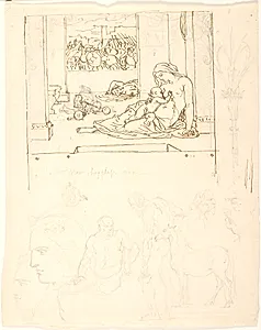 Skitser til: Selv i dødens stund vaager Moderkærligheden over barnets tarv. F.n. mandsfigurer, hoveder og en hest. F.n. mandsfigurer, hoveder og en hest by Lorenz Frølich