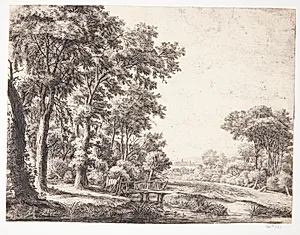 Skovbryn med træbro by Anthonie Waterloo