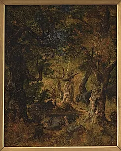 Skovinteriør med sø og figurer by Narcisse Virgile Diaz de la Peña