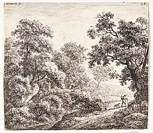 Skovlandskab med en rejsende og hans hund by Anthonie Waterloo