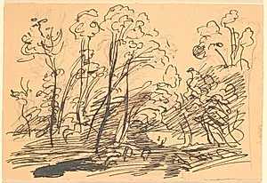 Skovlandskab med slanke træer by Theodor Philipsen