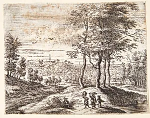 Skovlandskab med to kvinder og en dreng med kurve, t.v. en siddende mand by Lucas van Uden
