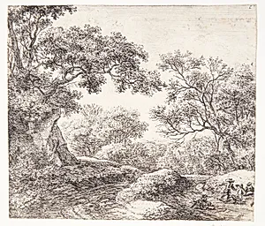 Skovlandskab med tre drenge og deres hunde by Anthonie Waterloo