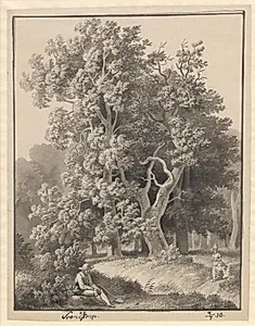 Skovparti ved Svendstrup med et par figurer, forrest en siddende mand med en spade by C.W. Eckersberg