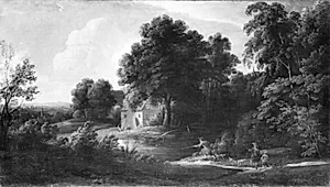 Skovrigt landskab med jagtscene by Jacques d' Arthois